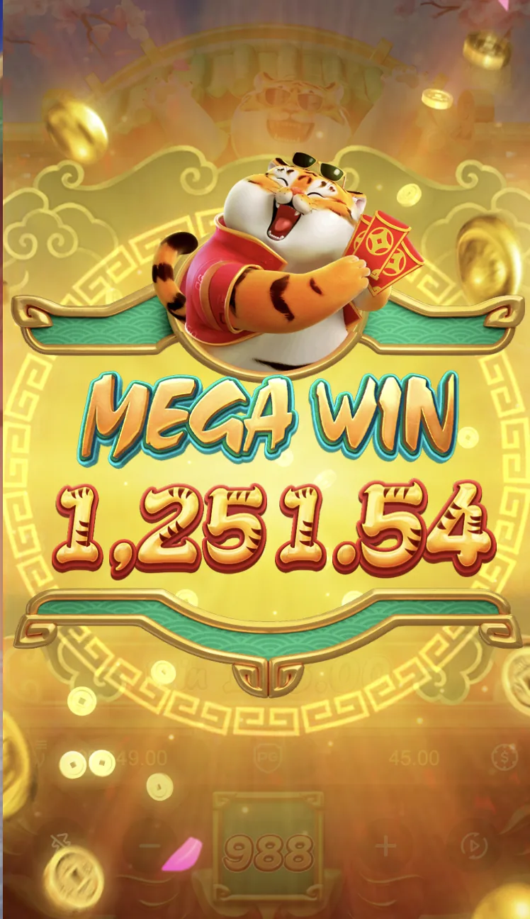 Tela de MEGA WIN do Fortune Tiger com o tigre segurando um envelope vermelho e o valor 1.251,54