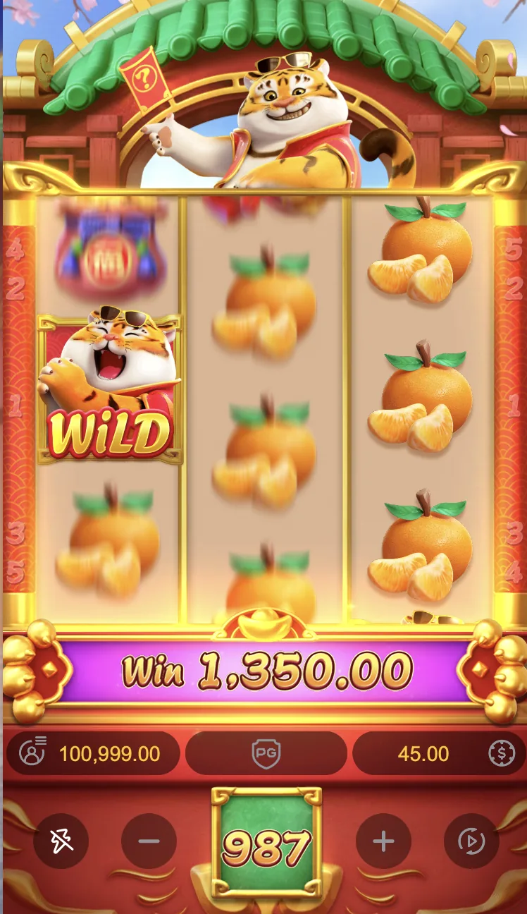 Rolos do Fortune Tiger com o símbolo Wild do tigre e a mensagem Win 1.350,00